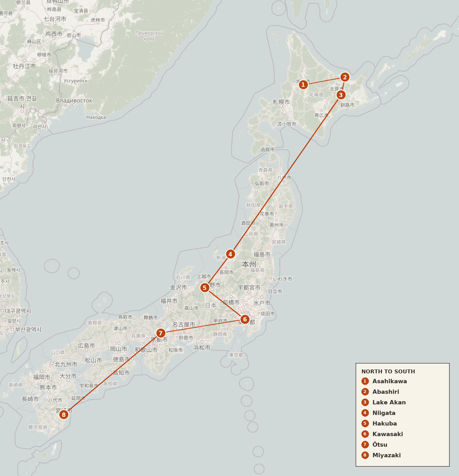 Numbered map of the Japan places in this report, north to south